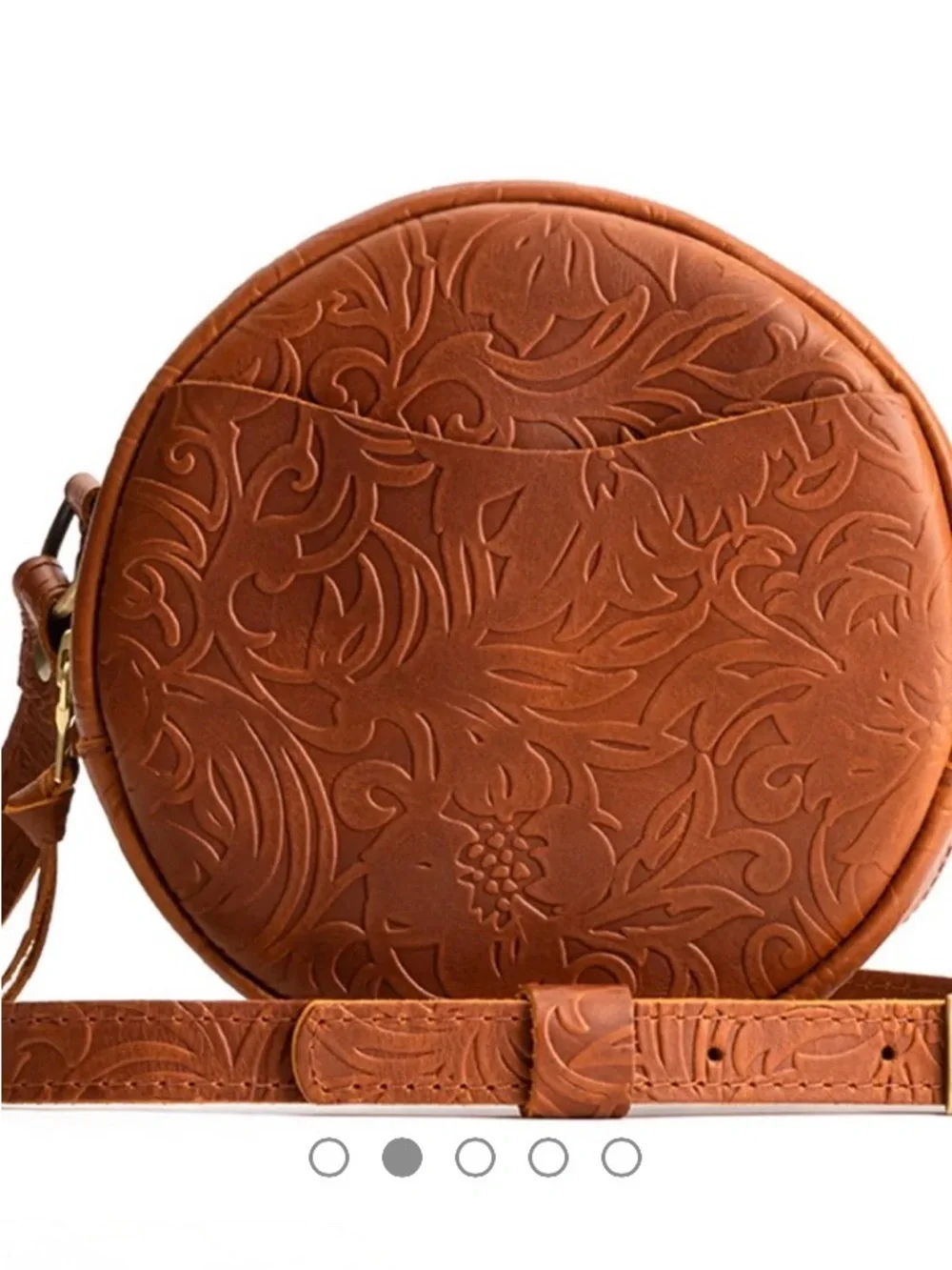 Portland Leather Embossed Round Crossbody Bag in Cognac Brown - Picture 1 of 4
